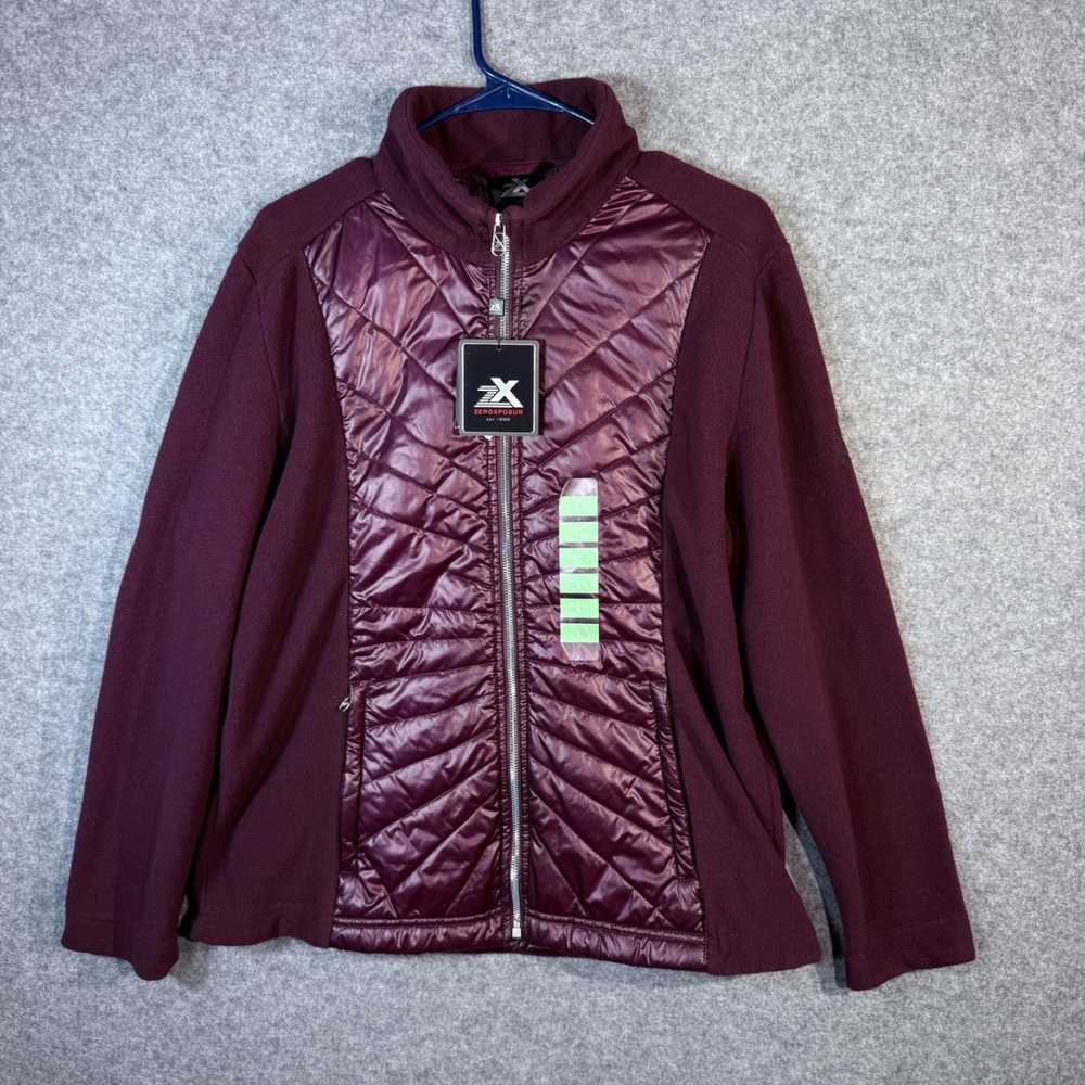 ZeroXposur Women's Burgundy Fleece Quilted Puffer Hybrid Full Zip Jacket L